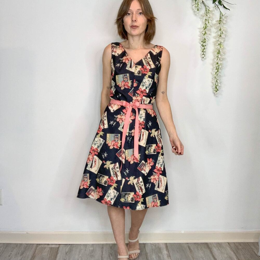 CITRINE ribbon belted A-line midi dress photograph print Parisian 2731